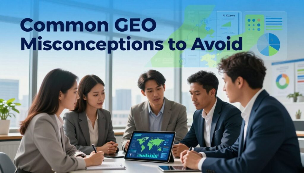 An informative illustration capturing the essence of "Common GEO Misconceptions to Avoid." In the foreground, a group of three diverse professionals, dressed in smart business attire, are engaged in a discussion around a digital tablet displaying geo-related data. In the middle ground, a modern office environment features a large window showcasing a bustling city skyline, hinting at the marketing relevance. In the background, abstract representations of common misconceptions, such as incorrect maps and misleading charts, subtly blend into a backdrop of blue and green tones. Soft, natural lighting streams in, creating a collaborative and insightful atmosphere. The scene reflects the essence of the brand "AI XLence," emphasizing innovation and clarity in generative engine optimization. An informative illustration capturing the essence of "Common GEO Misconceptions to Avoid." In the foreground, a group of three diverse professionals, dressed in smart business attire, are engaged in a discussion around a digital tablet displaying geo-related data. In the middle ground, a modern office environment features a large window showcasing a bustling city skyline, hinting at the marketing relevance. In the background, abstract representations of common misconceptions, such as incorrect maps and misleading charts, subtly blend into a backdrop of blue and green tones. Soft, natural lighting streams in, creating a collaborative and insightful atmosphere. The scene reflects the essence of the brand "AI XLence," emphasizing innovation and clarity in generative engine optimization.