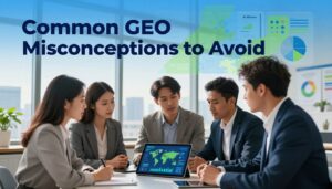 An informative illustration capturing the essence of "Common GEO Misconceptions to Avoid." In the foreground, a group of three diverse professionals, dressed in smart business attire, are engaged in a discussion around a digital tablet displaying geo-related data. In the middle ground, a modern office environment features a large window showcasing a bustling city skyline, hinting at the marketing relevance. In the background, abstract representations of common misconceptions, such as incorrect maps and misleading charts, subtly blend into a backdrop of blue and green tones. Soft, natural lighting streams in, creating a collaborative and insightful atmosphere. The scene reflects the essence of the brand "AI XLence," emphasizing innovation and clarity in generative engine optimization.