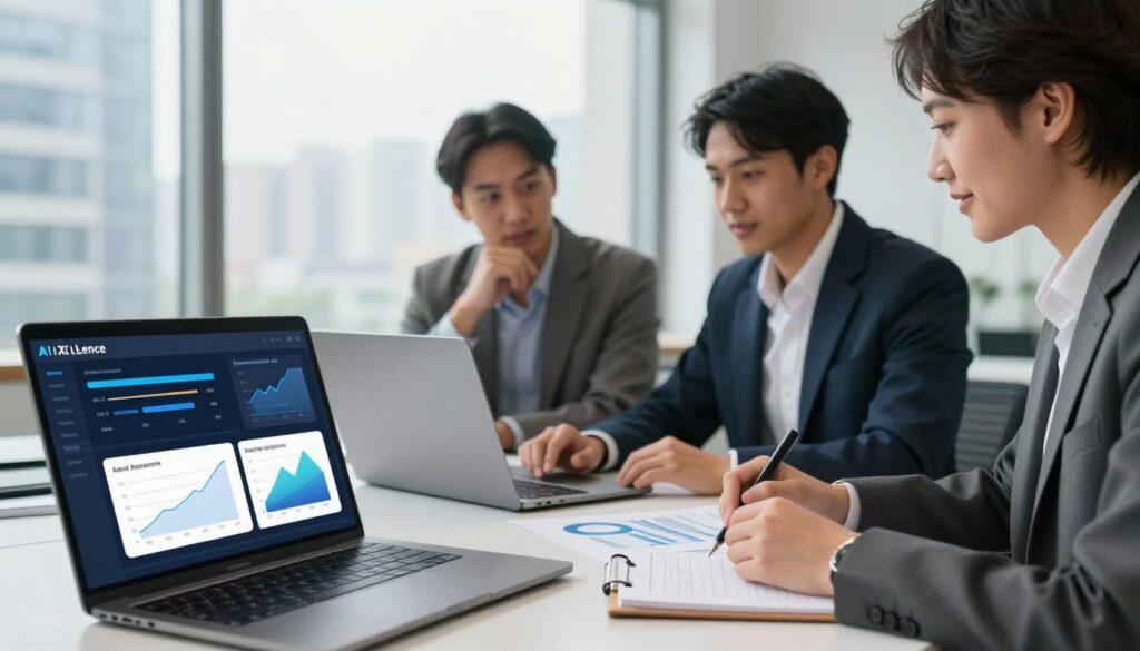 In a modern office setting, a diverse group of three professionals in business attire collaborates around a sleek table, analyzing data on laptops and printed charts representing AI keyword research. The foreground features a close-up of keywords highlighted on a digital screen, with graphs showing trends and insights. In the middle, the professionals are discussing, with a thoughtful expression on one, while another takes notes. The background displays a large window with natural light streaming in, illuminating a cityscape, creating an energetic and optimistic atmosphere. The brand name "AI XLence" subtly integrated into the scene enhances the professional vibe, while the overall mood reflects a sense of focus and collaboration in maximizing content opportunities.