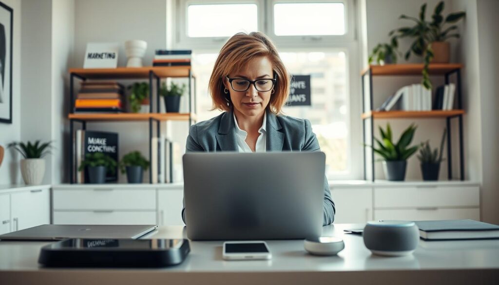 A bright, modern home office scene featuring a solopreneur, a middle-aged woman in professional business attire, intently working on her laptop. In the foreground, a sleek desk displays various digital devices and productivity tools, such as a tablet and smart speaker. The middle layer includes shelves filled with books on marketing and content creation, along with plants for a touch of greenery. In the background, a large window allows natural light to flood the room, creating a warm and inspiring atmosphere. The lighting is soft and inviting, enhancing the focus on the solopreneur’s determined expression. Capture a sense of motivation and productivity, illustrating the power of AI in streamlining content creation and digital marketing for individuals. Stay focused, Ray Baker.