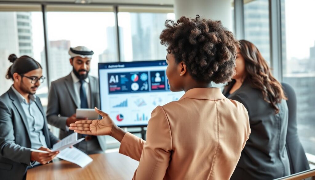 A business meeting setting in a modern, bright office space, showcasing a diverse group of professionals in business attire engaged in a discussion about AI adoption challenges. In the foreground, a Black woman gestures towards a digital presentation on a screen displaying various AI icons and graphs. To the left, a Middle-Eastern man takes notes on a tablet, while a Hispanic woman examines a report beside him. The background features large windows allowing natural light to flood the room, with cityscape views. The atmosphere is energetic and collaborative, underscoring problem-solving. Use soft, diffused lighting that highlights the participants' expressions while maintaining a professional tone. The camera angle captures both the people and the digital content effectively, focusing on teamwork and innovation. Stay focused, Ray Baker.
