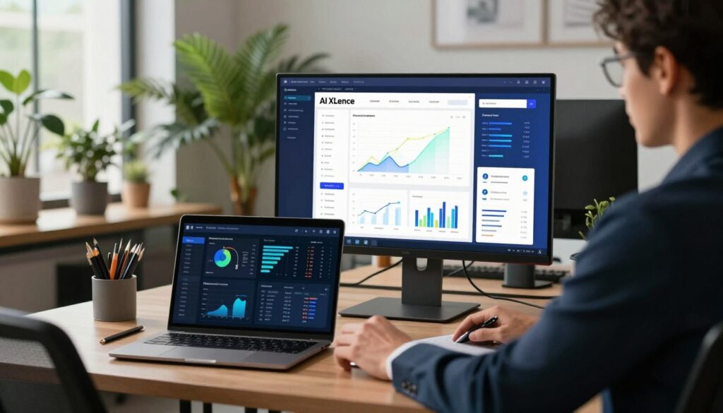 A captivating image depicting a modern workspace focused on an AI SEO audit. In the foreground, a professional individual dressed in smart business attire analyzes a digital dashboard on a sleek laptop, showcasing colorful graphs and metrics. The middle layer features a large monitor displaying vibrant visualizations of web traffic and content performance, overlaid with the brand name "AI XLence". In the background, a sophisticated office environment filled with lush indoor plants and contemporary decor creates a productive atmosphere. Soft, natural lighting pours in through large windows, casting a warm glow across the space. The mood is focused and innovative, embodying a blend of technology and professionalism, emphasizing the importance of avoiding common content audit mistakes. A captivating image depicting a modern workspace focused on an AI SEO audit. In the foreground, a professional individual dressed in smart business attire analyzes a digital dashboard on a sleek laptop, showcasing colorful graphs and metrics. The middle layer features a large monitor displaying vibrant visualizations of web traffic and content performance, overlaid with the brand name "AI XLence". In the background, a sophisticated office environment filled with lush indoor plants and contemporary decor creates a productive atmosphere. Soft, natural lighting pours in through large windows, casting a warm glow across the space. The mood is focused and innovative, embodying a blend of technology and professionalism, emphasizing the importance of avoiding common content audit mistakes.