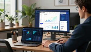 A captivating image depicting a modern workspace focused on an AI SEO audit. In the foreground, a professional individual dressed in smart business attire analyzes a digital dashboard on a sleek laptop, showcasing colorful graphs and metrics. The middle layer features a large monitor displaying vibrant visualizations of web traffic and content performance, overlaid with the brand name "AI XLence". In the background, a sophisticated office environment filled with lush indoor plants and contemporary decor creates a productive atmosphere. Soft, natural lighting pours in through large windows, casting a warm glow across the space. The mood is focused and innovative, embodying a blend of technology and professionalism, emphasizing the importance of avoiding common content audit mistakes.
