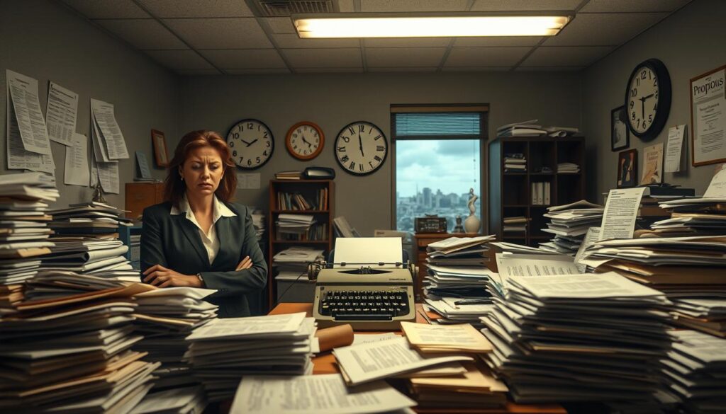 A cluttered office space illustrating the shortcomings of traditional proposal methods. In the foreground, a frustrated businesswoman in professional attire, surrounded by piles of rejected proposals and spreadsheets. In the middle, a cluttered desk with an outdated typewriter, scattered papers, and a flickering fluorescent lamp casting harsh, unflattering light. The background reveals a wall clock showing time slipping away, hinting at deadlines. A window shows a gloomy, overcast sky outside. The atmosphere is tense and chaotic, reflecting inefficiency and frustration in business communication. Use a wide-angle lens to capture the entire scene with soft focus on the outer edges to draw attention to the central subject. Stay focused, Ray Baker.