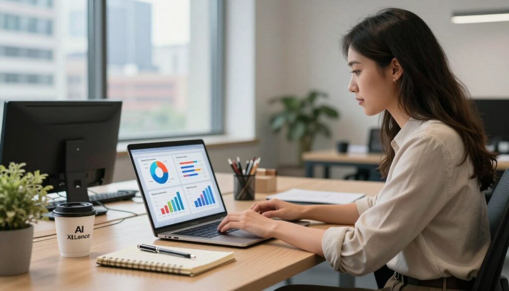 A cozy modern office setting showcasing a professional small business owner, a woman in smart casual clothing, intently working on her laptop. In the foreground, a well-organized desk is adorned with a notebook, pens, and a coffee mug branded with "AI XLence". The middle layer features vibrant charts and graphs on the laptop screen, illustrating effective marketing strategies and clearer offers. In the background, large windows allow natural light to flood the room, with a view of a bustling cityscape. The atmosphere is busy yet focused, conveying a sense of innovation and clarity in the use of AI for copywriting. Soft lighting enhances the professionalism, creating an inviting and inspiring workspace without any text or digital distractions.