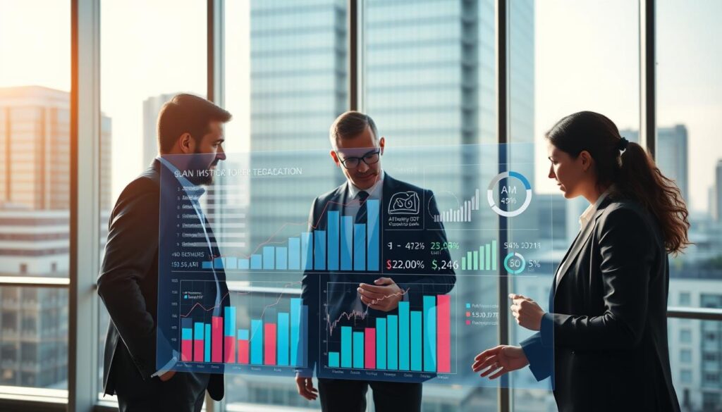 A dynamic business environment illustrating "Optimizing Costs and Maximizing Revenue Growth". In the foreground, a diverse group of three professionals in business attire, engaged in a strategic discussion over charts and graphs that depict rising revenue and decreasing costs. The middle ground features a futuristic digital dashboard showcasing analytics metrics and performance indicators, symbolizing AI-enhanced automation. The background reveals a modern office skyline with glass buildings under soft, natural lighting filtering through large windows. The atmosphere is focused and inspirational, reflecting ambition and forward-thinking. Ensure that the composition is well-balanced to draw attention to the professionals and the data visualization. Stay focused, Ray Baker. A dynamic business environment illustrating "Optimizing Costs and Maximizing Revenue Growth". In the foreground, a diverse group of three professionals in business attire, engaged in a strategic discussion over charts and graphs that depict rising revenue and decreasing costs. The middle ground features a futuristic digital dashboard showcasing analytics metrics and performance indicators, symbolizing AI-enhanced automation. The background reveals a modern office skyline with glass buildings under soft, natural lighting filtering through large windows. The atmosphere is focused and inspirational, reflecting ambition and forward-thinking. Ensure that the composition is well-balanced to draw attention to the professionals and the data visualization. Stay focused, Ray Baker.