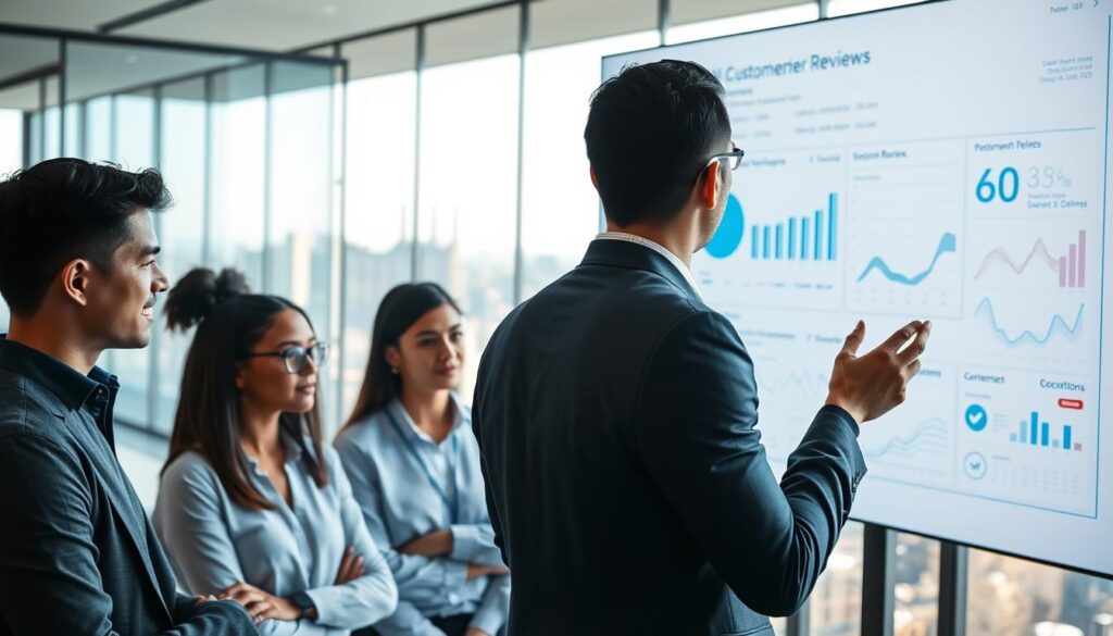 A focused professional standing in a modern office environment, analyzing customer reviews on a large screen filled with graphs and data analytics. In the foreground, a diverse team of business professionals dressed in smart business attire are engaged in a brainstorming session, looking thoughtfully at the data. In the middle, various digital elements like charts and feedback icons emanate from the screen, showcasing real-time analysis and insights. The background features a sleek, glass-walled office with a cityscape view, emphasizing a high-tech atmosphere. Soft, natural lighting streams in, creating a collaborative and optimistic mood. Capture the essence of navigating complexities in AI-driven feedback analysis with a sharp focus on teamwork and innovation. Stay focused, Ray Baker.
