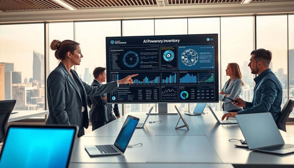 A futuristic office environment showcasing a diverse group of professionals collaborating around a large digital screen displaying complex data visualizations related to AI-powered inventory management. In the foreground, a middle-aged woman in smart business attire is pointing at the screen, engaged in discussion with a young man in a sleek suit. The middle ground features sleek, modern desks equipped with laptops and smart devices. In the background, large windows showcase a city skyline, with soft natural light streaming in, creating a bright and optimistic atmosphere. The mood is one of innovation and teamwork, with a focus on technology-driven solutions to enhance operational efficiency. The image should evoke a sense of progress and intelligence in the workplace. Stay focused, Ray Baker. A futuristic office environment showcasing a diverse group of professionals collaborating around a large digital screen displaying complex data visualizations related to AI-powered inventory management. In the foreground, a middle-aged woman in smart business attire is pointing at the screen, engaged in discussion with a young man in a sleek suit. The middle ground features sleek, modern desks equipped with laptops and smart devices. In the background, large windows showcase a city skyline, with soft natural light streaming in, creating a bright and optimistic atmosphere. The mood is one of innovation and teamwork, with a focus on technology-driven solutions to enhance operational efficiency. The image should evoke a sense of progress and intelligence in the workplace. Stay focused, Ray Baker.
