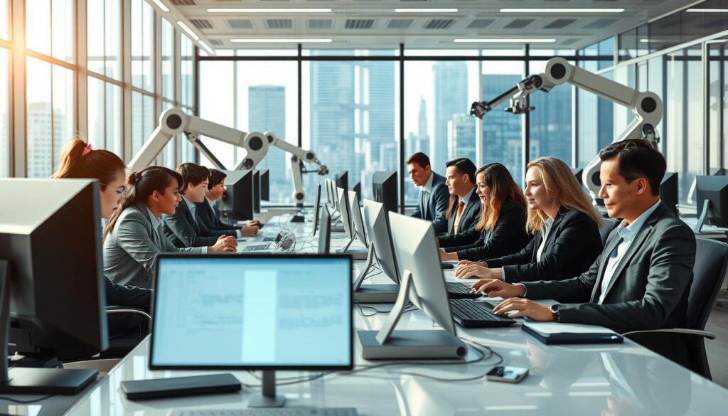 A futuristic office space brimming with advanced technology to illustrate the theme of increasing productivity through automation. In the foreground, a diverse group of professionals in smart business attire are engaged with sleek computers and innovative devices, collaborating effectively. In the middle ground, robotic arms and AI-driven machinery are managing repetitive tasks, demonstrating seamless integration. The background features large windows revealing a bright cityscape, symbolizing progress and opportunity. The lighting is bright and energizing, with soft reflections enhancing the modern aesthetic. The atmosphere is dynamic and forward-looking, reflecting a sense of innovation and teamwork. Stay focused, Ray Baker. A futuristic office space brimming with advanced technology to illustrate the theme of increasing productivity through automation. In the foreground, a diverse group of professionals in smart business attire are engaged with sleek computers and innovative devices, collaborating effectively. In the middle ground, robotic arms and AI-driven machinery are managing repetitive tasks, demonstrating seamless integration. The background features large windows revealing a bright cityscape, symbolizing progress and opportunity. The lighting is bright and energizing, with soft reflections enhancing the modern aesthetic. The atmosphere is dynamic and forward-looking, reflecting a sense of innovation and teamwork. Stay focused, Ray Baker.