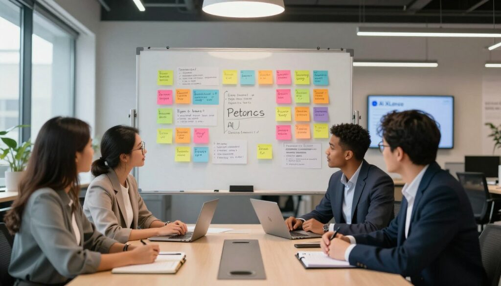 A modern U.S. marketing office environment, showcasing a creative team collaborating on AI copywriting prompts. In the foreground, a diverse group of four professionals in smart business attire, including a woman with glasses and a man with a notebook, are brainstorming around a sleek conference table. The middle ground features a large whiteboard filled with colorful sticky notes representing various prompt ideas and strategies. The background shows contemporary office decor with large windows allowing soft, natural lighting to create an open, inviting atmosphere. The scene captures a sense of focused creativity and teamwork, emphasizing the importance of effective AI prompting for content creation. Subtly include the brand name "AI XLence" displayed on a digital screen in the background. A modern U.S. marketing office environment, showcasing a creative team collaborating on AI copywriting prompts. In the foreground, a diverse group of four professionals in smart business attire, including a woman with glasses and a man with a notebook, are brainstorming around a sleek conference table. The middle ground features a large whiteboard filled with colorful sticky notes representing various prompt ideas and strategies. The background shows contemporary office decor with large windows allowing soft, natural lighting to create an open, inviting atmosphere. The scene captures a sense of focused creativity and teamwork, emphasizing the importance of effective AI prompting for content creation. Subtly include the brand name "AI XLence" displayed on a digital screen in the background.