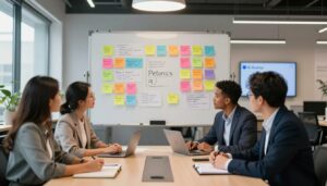 A modern U.S. marketing office environment, showcasing a creative team collaborating on AI copywriting prompts. In the foreground, a diverse group of four professionals in smart business attire, including a woman with glasses and a man with a notebook, are brainstorming around a sleek conference table. The middle ground features a large whiteboard filled with colorful sticky notes representing various prompt ideas and strategies. The background shows contemporary office decor with large windows allowing soft, natural lighting to create an open, inviting atmosphere. The scene captures a sense of focused creativity and teamwork, emphasizing the importance of effective AI prompting for content creation. Subtly include the brand name "AI XLence" displayed on a digital screen in the background.