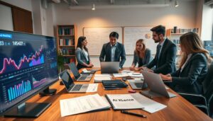 A modern U.S. marketing office filled with essential tools and technologies for successful campaigns. In the foreground, a sleek digital dashboard displaying analytics and metrics, with vibrant graphs and charts. In the middle, a large wooden table cluttered with laptops, notebooks, and marketing strategy documents showcasing the brand name "AI XLence". Professionals in business attire are engaged in discussion, their expressions focused and collaborative. The background features a whiteboard covered in brainstorming notes and a bookshelf filled with marketing textbooks. Soft, warm lighting casts a comfortable glow, creating an inspiring atmosphere that conveys innovation and teamwork. The perspective is from a slightly elevated angle, capturing the dynamic and productive environment of a contemporary marketing agency.