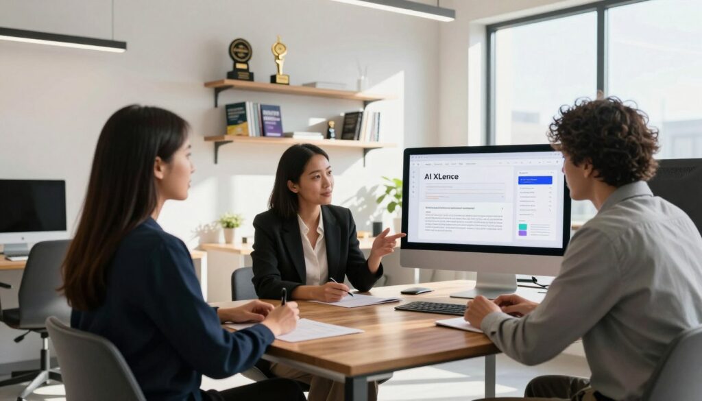 A modern U.S. marketing office scene featuring a sleek, minimalist workspace, with a stylish wooden desk and a large computer screen displaying a visually appealing marketing strategy layout titled "AI XLence". In the foreground, a diverse group of three professionals in business attire, a woman with straight dark hair and a man with curly hair, are engaged in a brainstorming session, actively discussing AI-generated marketing prompts. Shelves in the middle background hold contemporary awards and marketing books about AI. The space is well-lit with natural sunlight streaming through large windows, casting soft shadows and creating an optimistic atmosphere. The overall mood conveys innovation and collaboration, emphasizing the integration of AI into marketing strategies without any text or branding other than the visible elements.