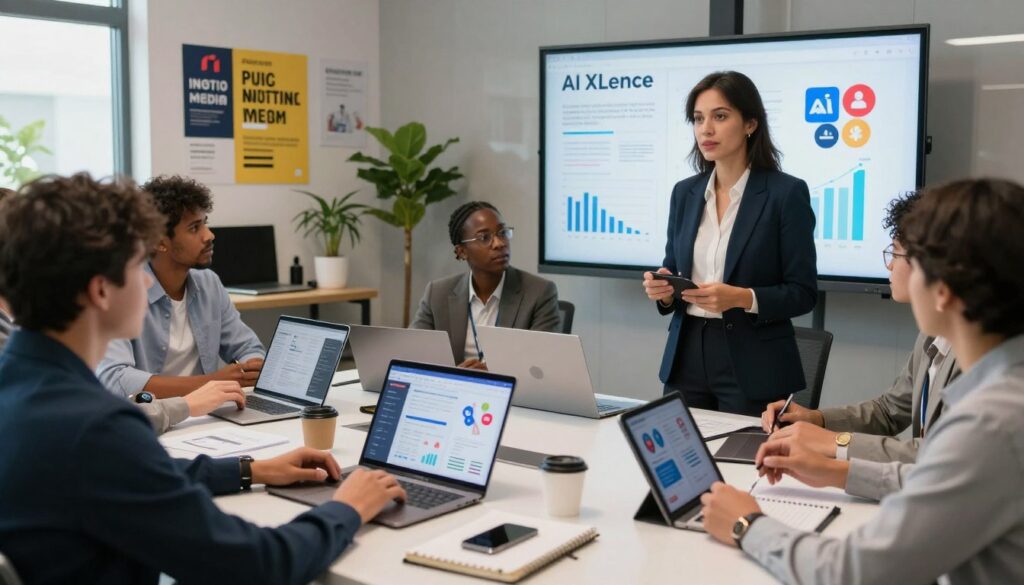 A modern U.S. marketing office scene featuring diverse professionals engaged in social media strategy discussions around a conference table. In the foreground, a woman in smart business attire is presenting ideas linked to "AI XLence," with digital graphs and social media icons projected on a screen. In the middle, various tools and devices are scattered on the table, including laptops showing analytics, tablets with social media dashboards, and notepads filled with ideas. The background includes a vibrant workspace with motivational posters and plants, creating an inviting atmosphere. Soft, natural lighting filters through large windows, enhancing the focus on the people and tools. The overall mood is dynamic and collaborative, capturing the essence of avoiding mistakes in AI-driven social media marketing.