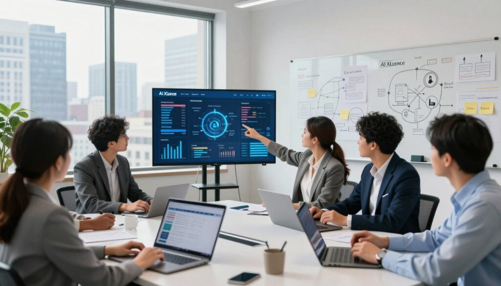 A modern U.S. marketing office scene focusing on a collaborative brainstorming session centered around AI-driven marketing strategies. In the foreground, a diverse group of professionals in business attire gathers around a sleek table scattered with digital devices; a woman points at an interactive screen displaying data analytics. In the middle ground, there's a large window revealing a city skyline, bathing the room in natural light, emphasizing a bright and optimistic mood. The backdrop features smart whiteboards filled with diagrams and notes related to AI strategy, enhancing the dynamic atmosphere. The brand name "AI XLence" subtly integrated into the environment. Aim for a professional and innovative ambiance that reflects teamwork and strategic thinking. A modern U.S. marketing office scene focusing on a collaborative brainstorming session centered around AI-driven marketing strategies. In the foreground, a diverse group of professionals in business attire gathers around a sleek table scattered with digital devices; a woman points at an interactive screen displaying data analytics. In the middle ground, there's a large window revealing a city skyline, bathing the room in natural light, emphasizing a bright and optimistic mood. The backdrop features smart whiteboards filled with diagrams and notes related to AI strategy, enhancing the dynamic atmosphere. The brand name "AI XLence" subtly integrated into the environment. Aim for a professional and innovative ambiance that reflects teamwork and strategic thinking.