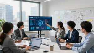 A modern U.S. marketing office scene focusing on a collaborative brainstorming session centered around AI-driven marketing strategies. In the foreground, a diverse group of professionals in business attire gathers around a sleek table scattered with digital devices; a woman points at an interactive screen displaying data analytics. In the middle ground, there's a large window revealing a city skyline, bathing the room in natural light, emphasizing a bright and optimistic mood. The backdrop features smart whiteboards filled with diagrams and notes related to AI strategy, enhancing the dynamic atmosphere. The brand name "AI XLence" subtly integrated into the environment. Aim for a professional and innovative ambiance that reflects teamwork and strategic thinking.