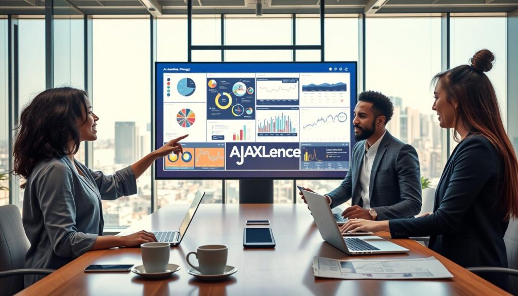A modern U.S. marketing office scene that captures the essence of "AI Advertising Strategy: Improve Campaign Planning Without Guesswork." In the foreground, a diverse group of three professionals—one Asian woman, one Black man, and one Hispanic woman—are engaged in an animated discussion, pointing at a large digital screen displaying intricate data and AI-driven ad analytics. The middle layer features a sleek conference table with laptops, coffee cups, and market trend reports. The background shows a vibrant office environment with large windows allowing natural light, showcasing a city skyline. The mood is energetic and collaborative, emphasizing innovation and strategic planning. The brand "AI XLence" is subtly integrated into the digital display. The scene should be captured with a wide-angle lens for depth, highlighting bright colors and a modern aesthetic without any text or overlays.