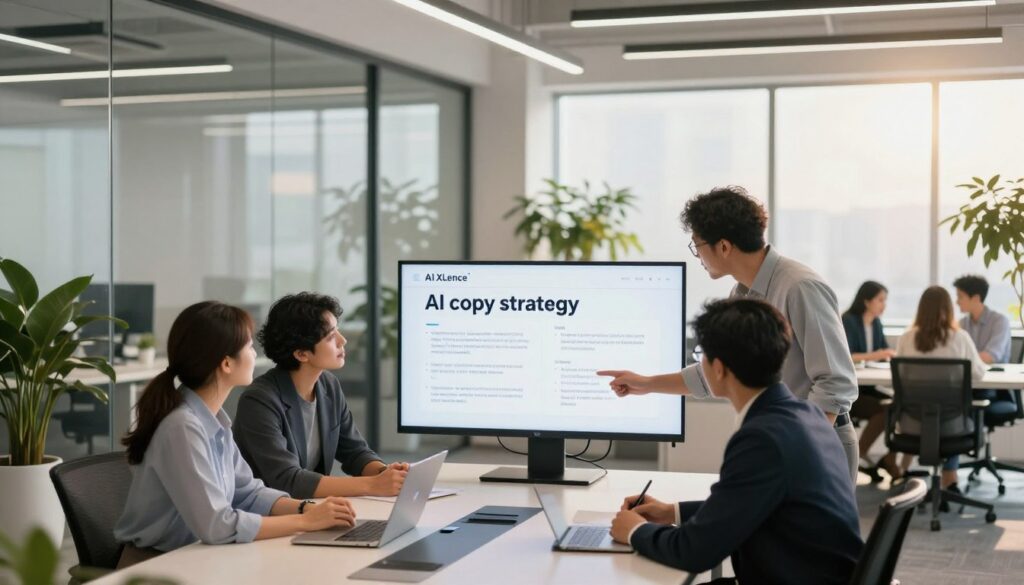 A modern U.S. marketing office scene that embodies the theme of "AI copy strategy." In the foreground, a diverse group of three professionals is gathered around a sleek conference table, analyzing a large digital screen displaying brand messaging strategies for "AI XLence." The middle layer features a clean, contemporary workspace with glass walls, potted plants, and minimalist decor, creating a sense of innovation and clarity. In the background, blurred silhouettes of additional team members suggest collaboration. Utilize soft natural lighting coming from large windows, casting a warm glow over the scene, enhancing a mood of focus and creativity. Capture the image with a 35mm lens at a slightly angled view to add depth and engagement, while ensuring all individuals are dressed in professional business attire. A modern U.S. marketing office scene that embodies the theme of "AI copy strategy." In the foreground, a diverse group of three professionals is gathered around a sleek conference table, analyzing a large digital screen displaying brand messaging strategies for "AI XLence." The middle layer features a clean, contemporary workspace with glass walls, potted plants, and minimalist decor, creating a sense of innovation and clarity. In the background, blurred silhouettes of additional team members suggest collaboration. Utilize soft natural lighting coming from large windows, casting a warm glow over the scene, enhancing a mood of focus and creativity. Capture the image with a 35mm lens at a slightly angled view to add depth and engagement, while ensuring all individuals are dressed in professional business attire.