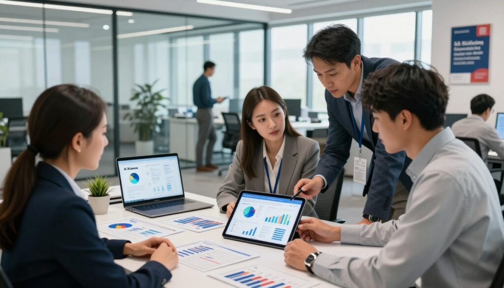 A modern U.S. marketing office setting, focused on lead generation strategies. In the foreground, a diverse group of three professionals dressed in smart business attire are collaborating over a digital tablet displaying graphs and data analytics, symbolizing AI-driven insights. In the middle ground, a sleek desk is cluttered with lead generation materials, including a laptop showcasing a visual of the brand "AI XLence". The background features a bright, open workspace with glass walls, large windows letting in natural light, and motivational posters about innovation and teamwork. The overall atmosphere is one of productivity and energy, enhanced by soft, natural lighting that emphasizes teamwork and strategic thinking.