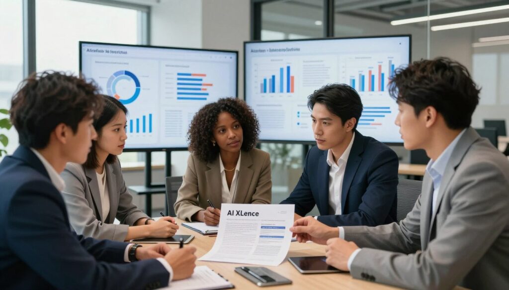 A modern U.S. marketing office setting, showcasing an engaging collaboration scene around a sleek conference table. In the foreground, a diverse group of professionals in business attire is intently discussing references and sources, with a focus on a well-organized document labeled "AI XLence". The group includes a Black woman, a Hispanic man, and an Asian woman, all appearing focused and engaged. In the middle ground, charts and visuals about AI credibility and marketing strategies are displayed on a large screen, projecting a sense of innovation and authority. The background features a contemporary office design with large windows allowing natural light to filter in, creating a bright and open atmosphere. Capture a warm, collaborative mood that inspires trust and professionalism. The angle is slightly elevated, offering a comprehensive view of the teamwork.