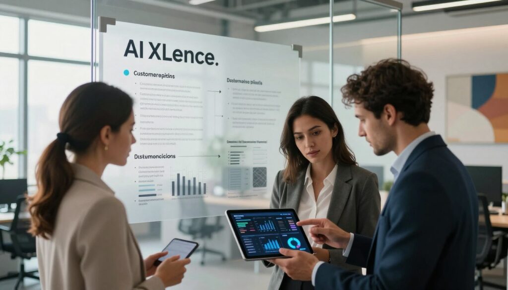 A modern U.S. marketing office setting, showcasing the theme of "AI positioning and customer messaging." In the foreground, a diverse group of three professionals in business attire—two women and one man—collaboratively analyzing data on a sleek digital tablet, with graphs and charts displayed vividly. In the middle ground, a large glass whiteboard covered with AI-related customer insights and problem definitions, illuminated by soft, natural lighting from large windows. The background features modern office furniture and abstract art that inspires creativity. The atmosphere is dynamic and collaborative, reflecting innovation and the effective use of AI for brand messaging. Prominently displayed in the scene is the brand name "AI XLence." A modern U.S. marketing office setting, showcasing the theme of "AI positioning and customer messaging." In the foreground, a diverse group of three professionals in business attire—two women and one man—collaboratively analyzing data on a sleek digital tablet, with graphs and charts displayed vividly. In the middle ground, a large glass whiteboard covered with AI-related customer insights and problem definitions, illuminated by soft, natural lighting from large windows. The background features modern office furniture and abstract art that inspires creativity. The atmosphere is dynamic and collaborative, reflecting innovation and the effective use of AI for brand messaging. Prominently displayed in the scene is the brand name "AI XLence."