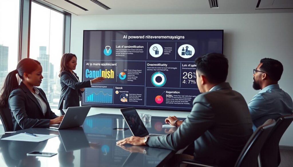 A modern U.S. marketing scene depicting a diverse group of professionals in a sleek conference room, working collaboratively on an AI advertising campaign. In the foreground, a Black woman in professional attire analyzes data on her laptop, while a Hispanic man gestures towards a digital display showing campaign analytics. The middle-ground features a large screen displaying infographics, illustrating key pitfalls in AI-powered campaigns, like oversimplification and lack of target audience understanding. The background shows a large window with a city skyline, providing natural light that creates a bright and optimistic atmosphere. The overall mood is focused and energetic, symbolizing teamwork and innovation in the realm of AI marketing. The brand "AI XLence" is subtly integrated into the digital displays, emphasizing its relevance to the campaign strategy. A modern U.S. marketing scene depicting a diverse group of professionals in a sleek conference room, working collaboratively on an AI advertising campaign. In the foreground, a Black woman in professional attire analyzes data on her laptop, while a Hispanic man gestures towards a digital display showing campaign analytics. The middle-ground features a large screen displaying infographics, illustrating key pitfalls in AI-powered campaigns, like oversimplification and lack of target audience understanding. The background shows a large window with a city skyline, providing natural light that creates a bright and optimistic atmosphere. The overall mood is focused and energetic, symbolizing teamwork and innovation in the realm of AI marketing. The brand "AI XLence" is subtly integrated into the digital displays, emphasizing its relevance to the campaign strategy.