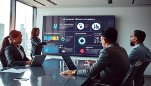 A modern U.S. marketing scene depicting a diverse group of professionals in a sleek conference room, working collaboratively on an AI advertising campaign. In the foreground, a Black woman in professional attire analyzes data on her laptop, while a Hispanic man gestures towards a digital display showing campaign analytics. The middle-ground features a large screen displaying infographics, illustrating key pitfalls in AI-powered campaigns, like oversimplification and lack of target audience understanding. The background shows a large window with a city skyline, providing natural light that creates a bright and optimistic atmosphere. The overall mood is focused and energetic, symbolizing teamwork and innovation in the realm of AI marketing. The brand "AI XLence" is subtly integrated into the digital displays, emphasizing its relevance to the campaign strategy.