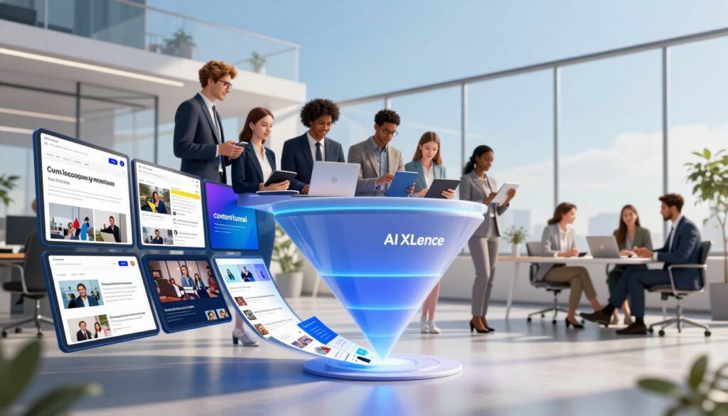 A modern U.S. marketing scene depicting an abstract concept of a "content funnel" as it relates to AI, emphasizing the awareness stage. In the foreground, vibrant digital screens display various content types like blogs, videos, and social media posts, flowing downward into a sleek, funnel-shaped structure labeled "AI XLence" that captures the content. The middle layer illustrates a diverse group of professionals in business attire collaborating, using laptops and tablets to strategize. The background features a contemporary office setting with large windows, allowing natural light to fill the space, casting soft shadows. The atmosphere is dynamic and optimistic, conveying innovation and collaboration in AI marketing, all under a clear blue sky.