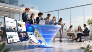 A modern U.S. marketing scene depicting an abstract concept of a "content funnel" as it relates to AI, emphasizing the awareness stage. In the foreground, vibrant digital screens display various content types like blogs, videos, and social media posts, flowing downward into a sleek, funnel-shaped structure labeled "AI XLence" that captures the content. The middle layer illustrates a diverse group of professionals in business attire collaborating, using laptops and tablets to strategize. The background features a contemporary office setting with large windows, allowing natural light to fill the space, casting soft shadows. The atmosphere is dynamic and optimistic, conveying innovation and collaboration in AI marketing, all under a clear blue sky.