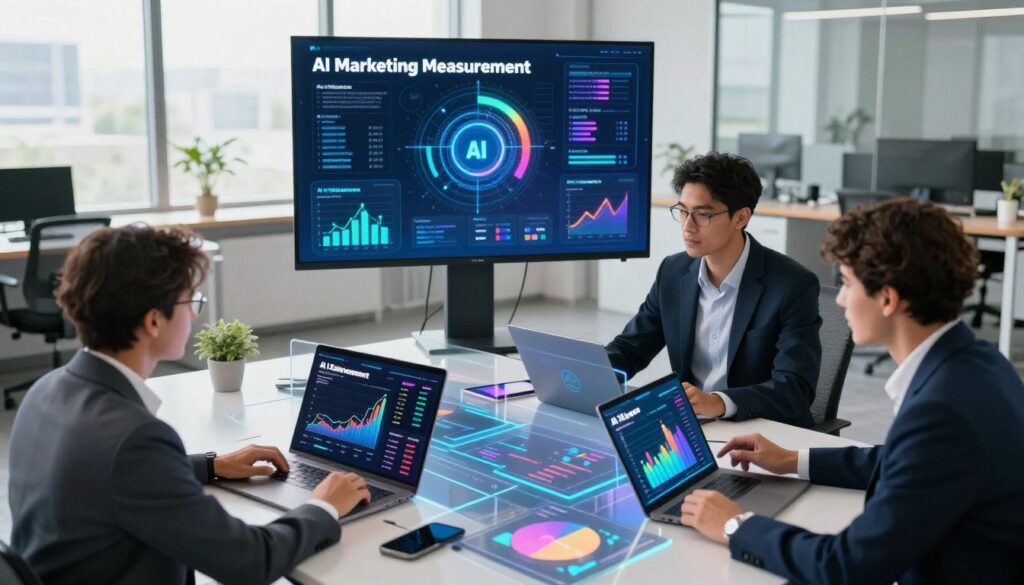 A modern U.S. marketing scene depicting the concept of "AI Marketing Measurement" with a focus on analytics and insight. In the foreground, a diverse group of three professionals in business attire collaborates around a sleek, futuristic table. They analyze colorful graphs and charts displayed on transparent touchscreen devices, showcasing data and metrics with the brand name "AI XLence" prominently featured. In the middle ground, a large digital screen illustrates dynamic AI algorithms and marketing performance indicators. The background features a stylish office environment with large windows, allowing natural light to flood the space, creating an optimistic and innovative atmosphere. The composition captures a sense of teamwork and modernity, with a vibrant color palette emphasizing technology and analytical prowess. The shot is taken from an elevated angle, providing a comprehensive view of the collaborative effort.