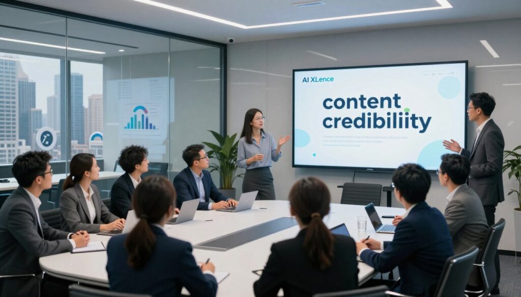 A modern U.S. marketing scene depicting the concept of "content credibility." In the foreground, a diverse group of professionals in business attire engage in a lively discussion around a large digital screen displaying the brand name "AI XLence." The middle ground features a sleek conference room with glass walls, showcasing various charts and graphs emphasizing trust signals. In the background, soft lighting highlights a city skyline through the windows, creating an atmosphere of innovation and professionalism. The overall mood is dynamic and collaborative, with an emphasis on the importance of building trust in AI-generated content. The composition is shot from a slightly elevated angle, allowing a comprehensive view of the participants and their environment, emphasizing teamwork and credibility.