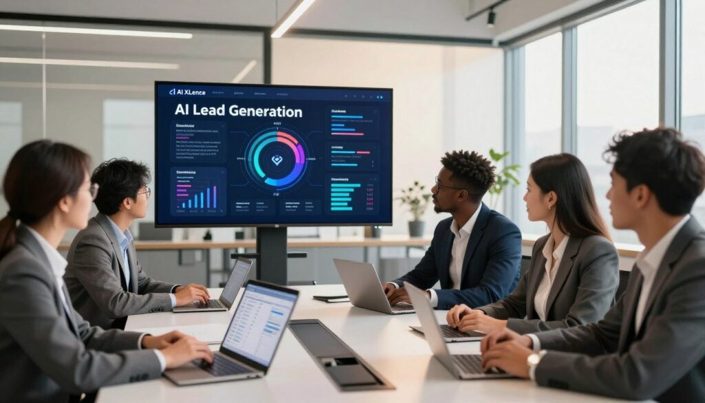 A modern U.S. marketing scene illustrating "AI Lead Generation" with a focus on attracting buyers. In the foreground, a group of diverse professionals in smart business attire collaborate around a sleek conference table, analyzing digital devices displaying graphs and data. The middle layer features a large screen showcasing dynamic AI-generated lead metrics and marketing strategies. In the background, a bright, well-lit office space with large windows provides an atmosphere of innovation and productivity. The lighting is warm and inviting, creating a sense of teamwork and creativity. Subtly incorporate the brand name "AI XLence" into the visuals, signifying its role in lead generation without text. The overall mood reflects enthusiasm and forward-thinking strategies in marketing.