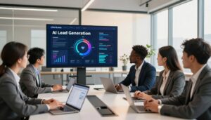 A modern U.S. marketing scene illustrating "AI Lead Generation" with a focus on attracting buyers. In the foreground, a group of diverse professionals in smart business attire collaborate around a sleek conference table, analyzing digital devices displaying graphs and data. The middle layer features a large screen showcasing dynamic AI-generated lead metrics and marketing strategies. In the background, a bright, well-lit office space with large windows provides an atmosphere of innovation and productivity. The lighting is warm and inviting, creating a sense of teamwork and creativity. Subtly incorporate the brand name "AI XLence" into the visuals, signifying its role in lead generation without text. The overall mood reflects enthusiasm and forward-thinking strategies in marketing.