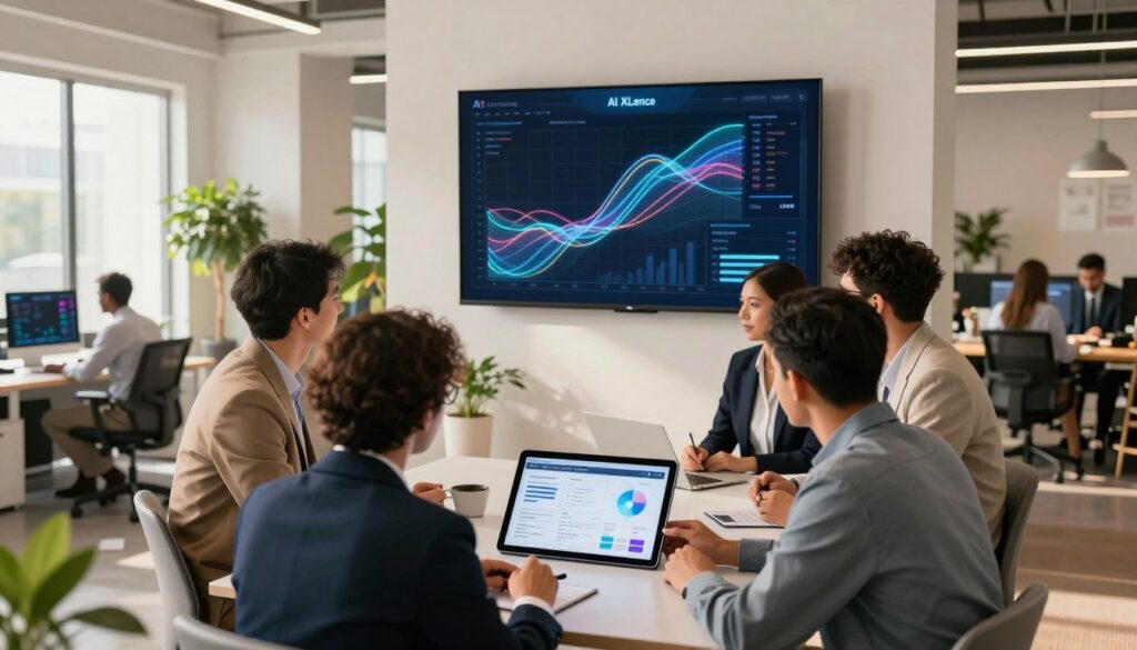 A modern U.S. marketing scene illustrating "AI campaign automation" focusing on effective planning and follow-up. In the foreground, a diverse group of four professionals, dressed in smart business attire, gathered around a sleek digital tablet displaying intricate marketing analytics. In the middle, a large screen on the wall showcases flowing graphs and AI-driven metrics labeled "AI XLence." The background features a bright, open office space filled with greenery and contemporary furniture, with large windows allowing natural light to stream in. The atmosphere is dynamic and inspiring, reflecting collaboration and innovation in marketing strategies. Use a wide-angle lens perspective to emphasize the group interaction and technology's pivotal role, ensuring the lighting is warm and inviting. A modern U.S. marketing scene illustrating "AI campaign automation" focusing on effective planning and follow-up. In the foreground, a diverse group of four professionals, dressed in smart business attire, gathered around a sleek digital tablet displaying intricate marketing analytics. In the middle, a large screen on the wall showcases flowing graphs and AI-driven metrics labeled "AI XLence." The background features a bright, open office space filled with greenery and contemporary furniture, with large windows allowing natural light to stream in. The atmosphere is dynamic and inspiring, reflecting collaboration and innovation in marketing strategies. Use a wide-angle lens perspective to emphasize the group interaction and technology's pivotal role, ensuring the lighting is warm and inviting.
