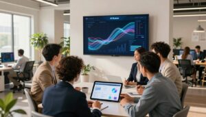 A modern U.S. marketing scene illustrating "AI campaign automation" focusing on effective planning and follow-up. In the foreground, a diverse group of four professionals, dressed in smart business attire, gathered around a sleek digital tablet displaying intricate marketing analytics. In the middle, a large screen on the wall showcases flowing graphs and AI-driven metrics labeled "AI XLence." The background features a bright, open office space filled with greenery and contemporary furniture, with large windows allowing natural light to stream in. The atmosphere is dynamic and inspiring, reflecting collaboration and innovation in marketing strategies. Use a wide-angle lens perspective to emphasize the group interaction and technology's pivotal role, ensuring the lighting is warm and inviting.