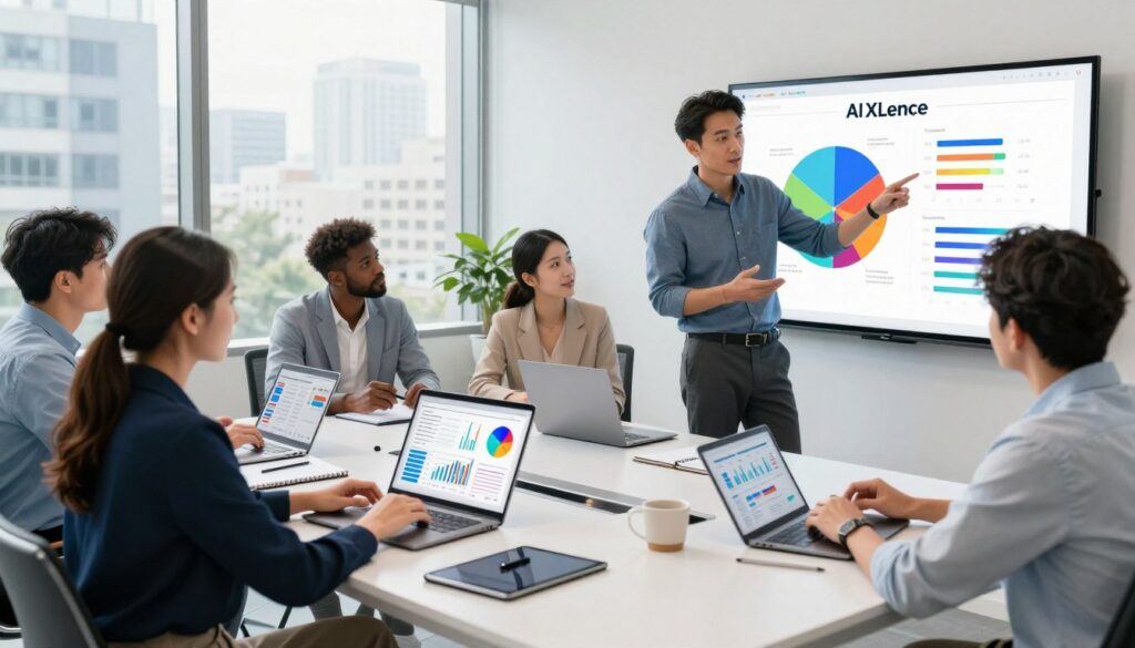 A modern U.S. marketing scene showcasing a diverse group of professionals gathered around a sleek conference table, discussing strategies for AI marketing prompts under the brand name "AI XLence." In the foreground, a woman in professional attire analyzes data on a laptop, while a man gestures towards a digital whiteboard filled with vibrant, colorful charts depicting audience segmentation and market analysis. The middle ground captures an array of marketing tools like tablets and notepads among the group. The background features large windows with cityscape views, allowing natural light to flood the room, creating a bright and productive atmosphere. The mood is collaborative and innovative, emphasizing teamwork and creativity in marketing strategies. A modern U.S. marketing scene showcasing a diverse group of professionals gathered around a sleek conference table, discussing strategies for AI marketing prompts under the brand name "AI XLence." In the foreground, a woman in professional attire analyzes data on a laptop, while a man gestures towards a digital whiteboard filled with vibrant, colorful charts depicting audience segmentation and market analysis. The middle ground captures an array of marketing tools like tablets and notepads among the group. The background features large windows with cityscape views, allowing natural light to flood the room, creating a bright and productive atmosphere. The mood is collaborative and innovative, emphasizing teamwork and creativity in marketing strategies.