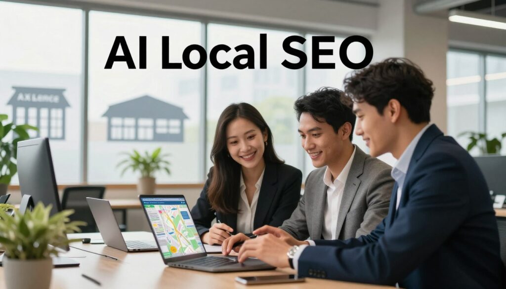 A modern U.S. marketing scene showcasing the concept of "AI Local SEO." In the foreground, a diverse group of three professional individuals, one woman and two men, dressed in smart business attire, intently discussing a digital map on a laptop. They are smiling and engaged, representing collaboration and innovation. In the middle ground, display a bright, inviting office space filled with plants and large windows, allowing natural light to spill into the room. In the background, silhouettes of local businesses can be seen through the glass, symbolizing the community they serve. The overall atmosphere is one of excitement and opportunity, highlighting the importance of connecting local customers with businesses. Atmospheric lighting enhances the scene, creating a sense of professionalism and dynamism. The brand name "AI XLence" subtly integrated into the setting, represented by a sleek logo on a notebook on the table.