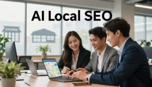 A modern U.S. marketing scene showcasing the concept of "AI Local SEO." In the foreground, a diverse group of three professional individuals, one woman and two men, dressed in smart business attire, intently discussing a digital map on a laptop. They are smiling and engaged, representing collaboration and innovation. In the middle ground, display a bright, inviting office space filled with plants and large windows, allowing natural light to spill into the room. In the background, silhouettes of local businesses can be seen through the glass, symbolizing the community they serve. The overall atmosphere is one of excitement and opportunity, highlighting the importance of connecting local customers with businesses. Atmospheric lighting enhances the scene, creating a sense of professionalism and dynamism. The brand name "AI XLence" subtly integrated into the setting, represented by a sleek logo on a notebook on the table.