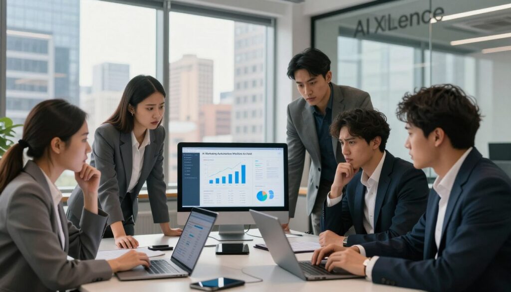 A modern U.S. office environment illustrating "AI Marketing Automation Mistakes to Avoid." In the foreground, a diverse group of four professionals in smart business attire collaborate around a sleek table cluttered with laptops and digital marketing tools. Their expressions convey concern and focus as they analyze data on a screen displaying misleading graphs. In the middle background, a large window reveals a bustling cityscape, bathed in warm, natural light. The ambiance is serious yet optimistic, highlighting the urgency of effective marketing strategies. At the far end of the office, the brand name "AI XLence" is subtly featured on a glass wall, emphasizing modernity without dominating the scene. Capture this with a soft focus lens for a polished, professional look. A modern U.S. office environment illustrating "AI Marketing Automation Mistakes to Avoid." In the foreground, a diverse group of four professionals in smart business attire collaborate around a sleek table cluttered with laptops and digital marketing tools. Their expressions convey concern and focus as they analyze data on a screen displaying misleading graphs. In the middle background, a large window reveals a bustling cityscape, bathed in warm, natural light. The ambiance is serious yet optimistic, highlighting the urgency of effective marketing strategies. At the far end of the office, the brand name "AI XLence" is subtly featured on a glass wall, emphasizing modernity without dominating the scene. Capture this with a soft focus lens for a polished, professional look.