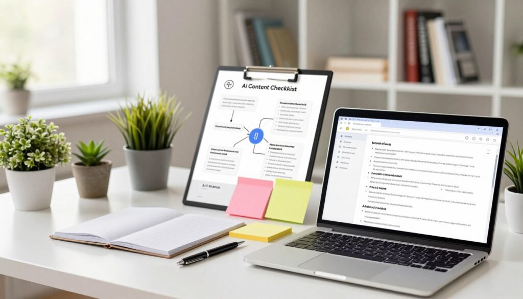 A modern and professional workspace set in a bright environment, featuring an organized desk with an array of tools for an AI content checklist for SEO. In the foreground, a stylish laptop with an open document displaying key points on keyword and intent checks, alongside colorful sticky notes and a sleek pen. The middle layer includes a notepad with simple diagrams illustrating keyword research processes, surrounded by a few potted plants for a touch of greenery. In the background, softly blurred shelves laden with books on marketing and SEO strategies. The lighting is bright and natural, emanating from a window, creating an optimistic and motivational atmosphere. The brand name "AI XLence" is subtly represented in the design elements of the workspace. A modern and professional workspace set in a bright environment, featuring an organized desk with an array of tools for an AI content checklist for SEO. In the foreground, a stylish laptop with an open document displaying key points on keyword and intent checks, alongside colorful sticky notes and a sleek pen. The middle layer includes a notepad with simple diagrams illustrating keyword research processes, surrounded by a few potted plants for a touch of greenery. In the background, softly blurred shelves laden with books on marketing and SEO strategies. The lighting is bright and natural, emanating from a window, creating an optimistic and motivational atmosphere. The brand name "AI XLence" is subtly represented in the design elements of the workspace.