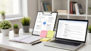 A modern and professional workspace set in a bright environment, featuring an organized desk with an array of tools for an AI content checklist for SEO. In the foreground, a stylish laptop with an open document displaying key points on keyword and intent checks, alongside colorful sticky notes and a sleek pen. The middle layer includes a notepad with simple diagrams illustrating keyword research processes, surrounded by a few potted plants for a touch of greenery. In the background, softly blurred shelves laden with books on marketing and SEO strategies. The lighting is bright and natural, emanating from a window, creating an optimistic and motivational atmosphere. The brand name "AI XLence" is subtly represented in the design elements of the workspace.