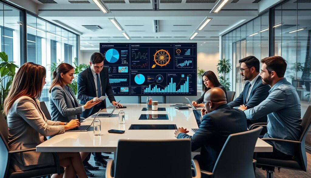 A modern corporate office environment showcasing various AI applications in the business sector. In the foreground, a diverse group of professionals, dressed in smart business attire, engage in a collaborative meeting around a sleek conference table, analyzing data on tablets and laptops. In the middle ground, a large digital screen displays AI-driven analytics and visualizations, illustrating insights from data processing and decision-making algorithms. The background features a contemporary office design with glass walls, greenery, and high-tech gadgets. Soft, ambient lighting enhances the focus on the team, creating a productive and innovative atmosphere. The mood is collaborative, emphasizing teamwork and intelligence in utilizing AI for strategic business decisions. Stay focused, Ray Baker. A modern corporate office environment showcasing various AI applications in the business sector. In the foreground, a diverse group of professionals, dressed in smart business attire, engage in a collaborative meeting around a sleek conference table, analyzing data on tablets and laptops. In the middle ground, a large digital screen displays AI-driven analytics and visualizations, illustrating insights from data processing and decision-making algorithms. The background features a contemporary office design with glass walls, greenery, and high-tech gadgets. Soft, ambient lighting enhances the focus on the team, creating a productive and innovative atmosphere. The mood is collaborative, emphasizing teamwork and intelligence in utilizing AI for strategic business decisions. Stay focused, Ray Baker.