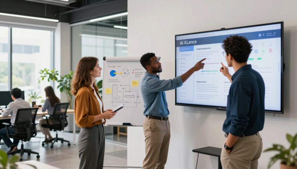 A modern digital marketing office, focusing on AI and SEO strategies. In the foreground, a diverse group of three professionals, one Caucasian woman and two men of African and Hispanic descent, are engaged in a brainstorming session, pointing at a large screen displaying data analytics related to "AI XLence." In the middle ground, there’s a whiteboard filled with diagrams and notes about Google AI search optimization. The background features a bright and open space with plants, large windows letting in natural light, and sleek furniture. The atmosphere is collaborative and innovative, emphasizing a forward-thinking approach to digital marketing. Use a wide-angle lens to capture the dynamic energy and teamwork within the setting, ensuring clear focus on the subjects while softly blurring the background elements for depth.
