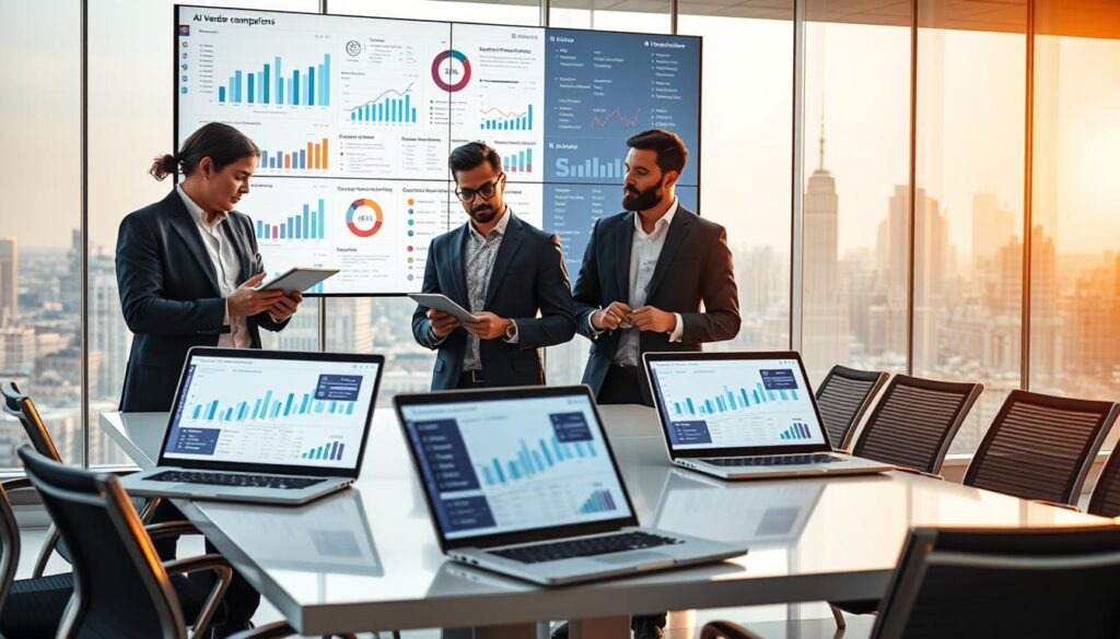 A modern, high-tech office environment showcasing key technologies in AI vendor management. In the foreground, a diverse group of three professionals in business attire, one examining data on a tablet, the other discussing insights displayed on a large screen filled with graphs and analytics. In the middle ground, a sleek conference table with open laptops and AI-powered software interfaces, illustrating supplier comparisons and decision-making processes. The background features a panoramic window with a city skyline, reflecting a bright and innovative atmosphere, illuminated by soft, natural light streaming in. The overall mood is collaborative and forward-thinking, embodying progress in vendor management. Stay focused, Ray Baker.