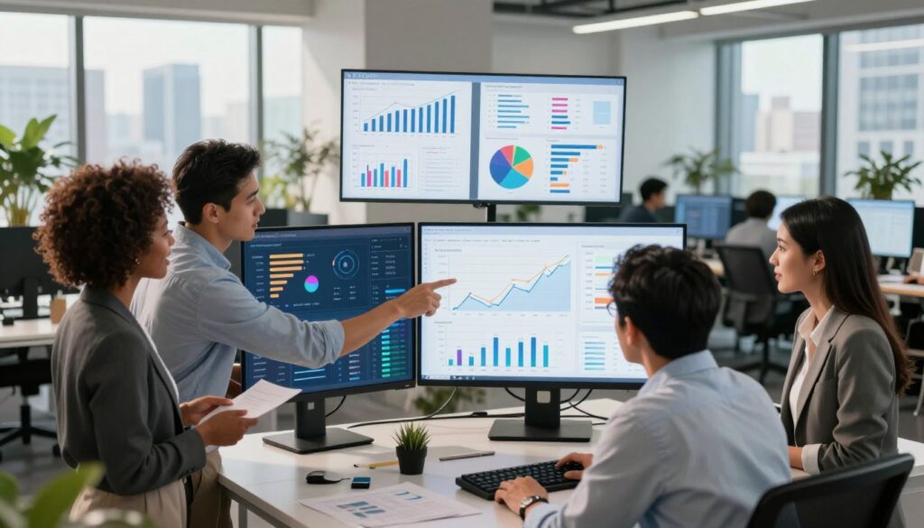 A modern marketing office environment showcasing a diverse team of professionals analyzing data on large screens. In the foreground, three individuals—one Black woman in business attire, one Hispanic man in a smart casual shirt, and one Asian woman in a blazer—are engaged in discussion while pointing at charts displaying trends and analytics. In the middle, multiple infographic-style data visualizations float, depicting graphs and pie charts related to campaign performance. The background features sleek desks, plants, and a city skyline visible through large windows, creating a bright and open atmosphere. The lighting is soft and natural, with a warm glow suggesting collaboration and innovation. The brand name "AI XLence" is subtly incorporated into a screen display, enhancing the focus on AI-driven insights. A modern marketing office environment showcasing a diverse team of professionals analyzing data on large screens. In the foreground, three individuals—one Black woman in business attire, one Hispanic man in a smart casual shirt, and one Asian woman in a blazer—are engaged in discussion while pointing at charts displaying trends and analytics. In the middle, multiple infographic-style data visualizations float, depicting graphs and pie charts related to campaign performance. The background features sleek desks, plants, and a city skyline visible through large windows, creating a bright and open atmosphere. The lighting is soft and natural, with a warm glow suggesting collaboration and innovation. The brand name "AI XLence" is subtly incorporated into a screen display, enhancing the focus on AI-driven insights.