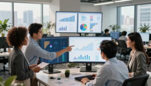 A modern marketing office environment showcasing a diverse team of professionals analyzing data on large screens. In the foreground, three individuals—one Black woman in business attire, one Hispanic man in a smart casual shirt, and one Asian woman in a blazer—are engaged in discussion while pointing at charts displaying trends and analytics. In the middle, multiple infographic-style data visualizations float, depicting graphs and pie charts related to campaign performance. The background features sleek desks, plants, and a city skyline visible through large windows, creating a bright and open atmosphere. The lighting is soft and natural, with a warm glow suggesting collaboration and innovation. The brand name "AI XLence" is subtly incorporated into a screen display, enhancing the focus on AI-driven insights.