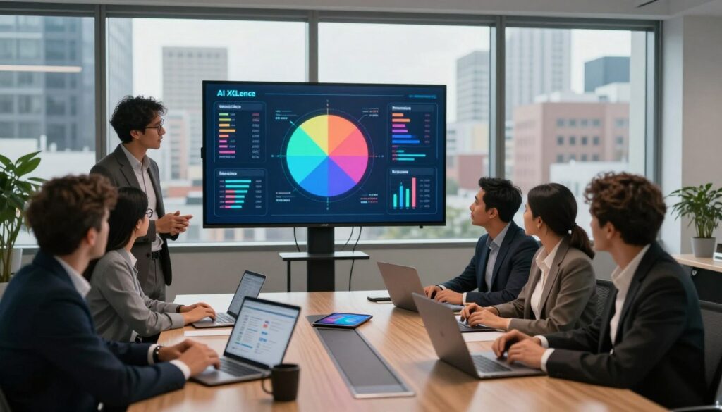A modern marketing office scene depicting AI customer segmentation. In the foreground, a diverse group of professionals in business attire, engaged in a discussion around a digital display showing colorful graphs and data visualizations representing customer segments. The middle layer features a sleek conference table with laptops and data tablets displaying insights. In the background, large windows reveal a bustling cityscape, symbolizing market diversity. Soft, warm lighting creates an inviting atmosphere, while a subtle glow highlights the digital elements. The brand name "AI XLence" is subtly integrated into the digital display. The mood is focused and collaborative, emphasizing the innovative use of AI in marketing strategies while avoiding personalization mistakes.