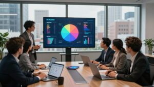 A modern marketing office scene depicting AI customer segmentation. In the foreground, a diverse group of professionals in business attire, engaged in a discussion around a digital display showing colorful graphs and data visualizations representing customer segments. The middle layer features a sleek conference table with laptops and data tablets displaying insights. In the background, large windows reveal a bustling cityscape, symbolizing market diversity. Soft, warm lighting creates an inviting atmosphere, while a subtle glow highlights the digital elements. The brand name "AI XLence" is subtly integrated into the digital display. The mood is focused and collaborative, emphasizing the innovative use of AI in marketing strategies while avoiding personalization mistakes.