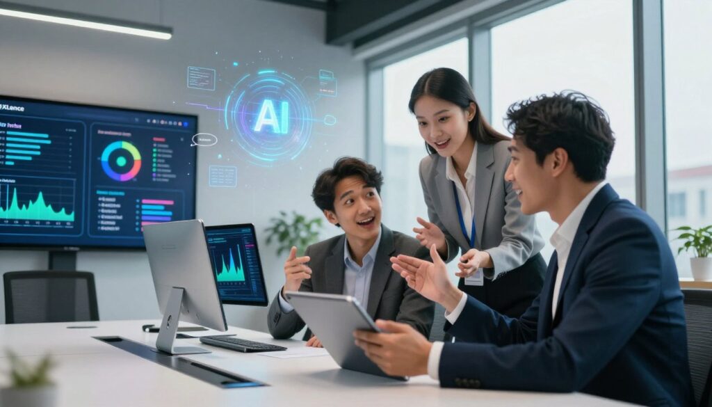A modern marketing office scene depicting AI personalization in action. In the foreground, a diverse group of three professionals in business attire actively discussing data on a tablet, with expressions of excitement and creativity. The middle section features a sleek conference table with modern tech devices displaying colorful graphs and personalized marketing strategies. In the background, large windows let in soft, natural light illuminating the room, while digitally rendered abstract data and AI concept visuals float gently around them, symbolizing advanced technology. The atmosphere is collaborative and innovative, with subtle tones of blue and green to convey progress. The brand name "AI XLence" should be subtly incorporated into the environment, like a logo on a screen or wall.