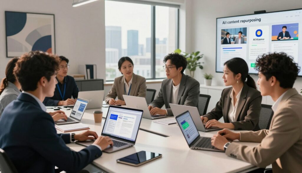 A modern marketing office scene depicting the concept of "AI content repurposing." In the foreground, a diverse group of professionals dressed in smart business attire is engaged in a collaborative discussion, surrounded by digital devices displaying various forms of content like articles, videos, and social media posts. The middle ground showcases a sleek table with open laptops, tablets, and notepads, creating a dynamic workspace atmosphere. In the background, a large window reveals a bright city skyline, suggesting innovation and growth. Soft, natural lighting filters in, casting warm tones throughout the room, enhancing the collaborative mood. Incorporate elements that represent the brand "AI XLence," such as stylish wall art or presentation slides. The overall vibe should inspire creativity and professionalism, ideal for illustrating AI-driven content strategies.